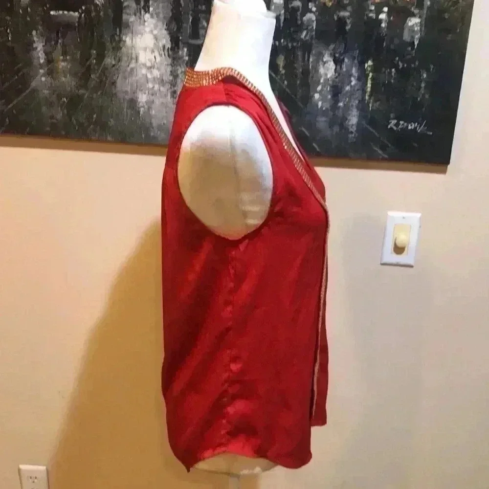 Michael Kors Red Sleeveless Beaded Neck Tie Top with Button Front Size Small